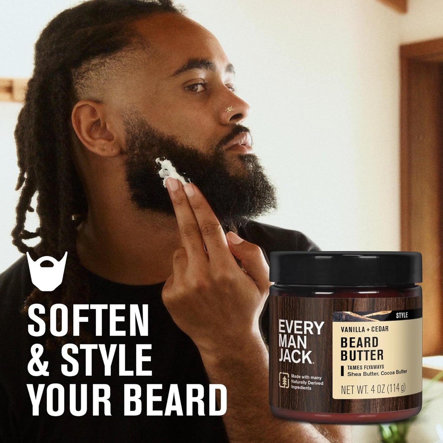 Every Man Jack Beard Butter- Vanilla & Cedar Fragrance - Hydrates and Styles Dry, Unruly Beards While Relieving Itch - Naturally Derived w/Shea Butter & Coconut Oil - 4 oz (2 Pack)
