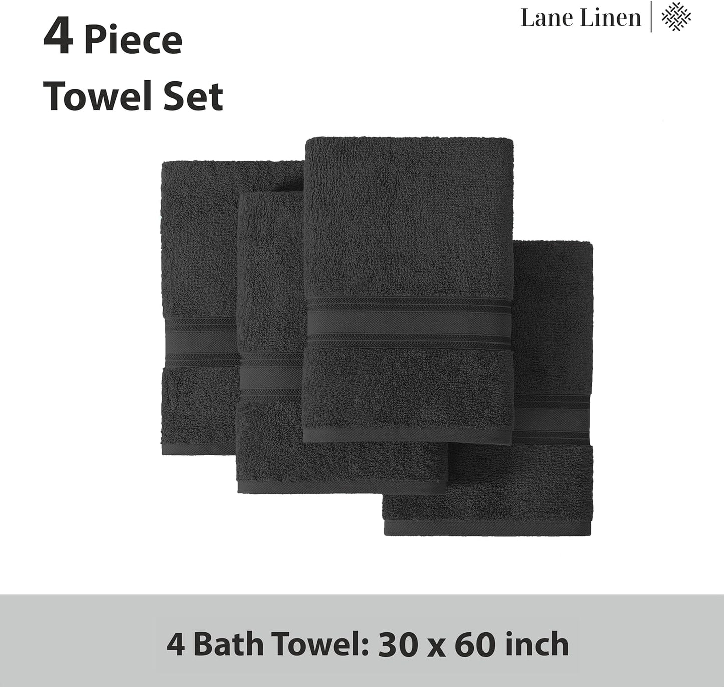 LANE LINEN 100% Cotton Bath Towels 4 Pack (30"x60") - Zero Twist, Mercerized Cotton Large Towel Set for Bathroom - Quick Dry, Soft & Absorbent Large Bath Towel Set - Oeko Tex Certified - Black Towels
