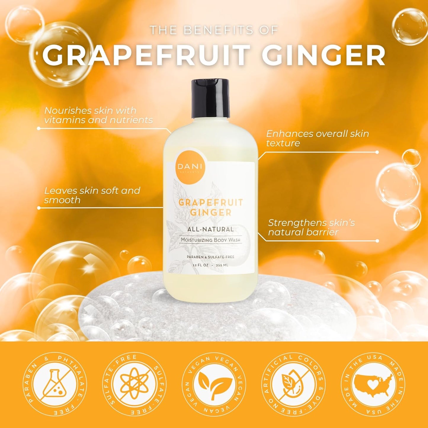 DANI Naturals Moisturizing Body Wash - Grapefruit Ginger Scent, Organic Aloe Vera & Glycerin, Sulfate-Free, Vegan, pH-Balanced, 12 oz - Refreshing, Moisturizing Shower Gel for Soft Skin