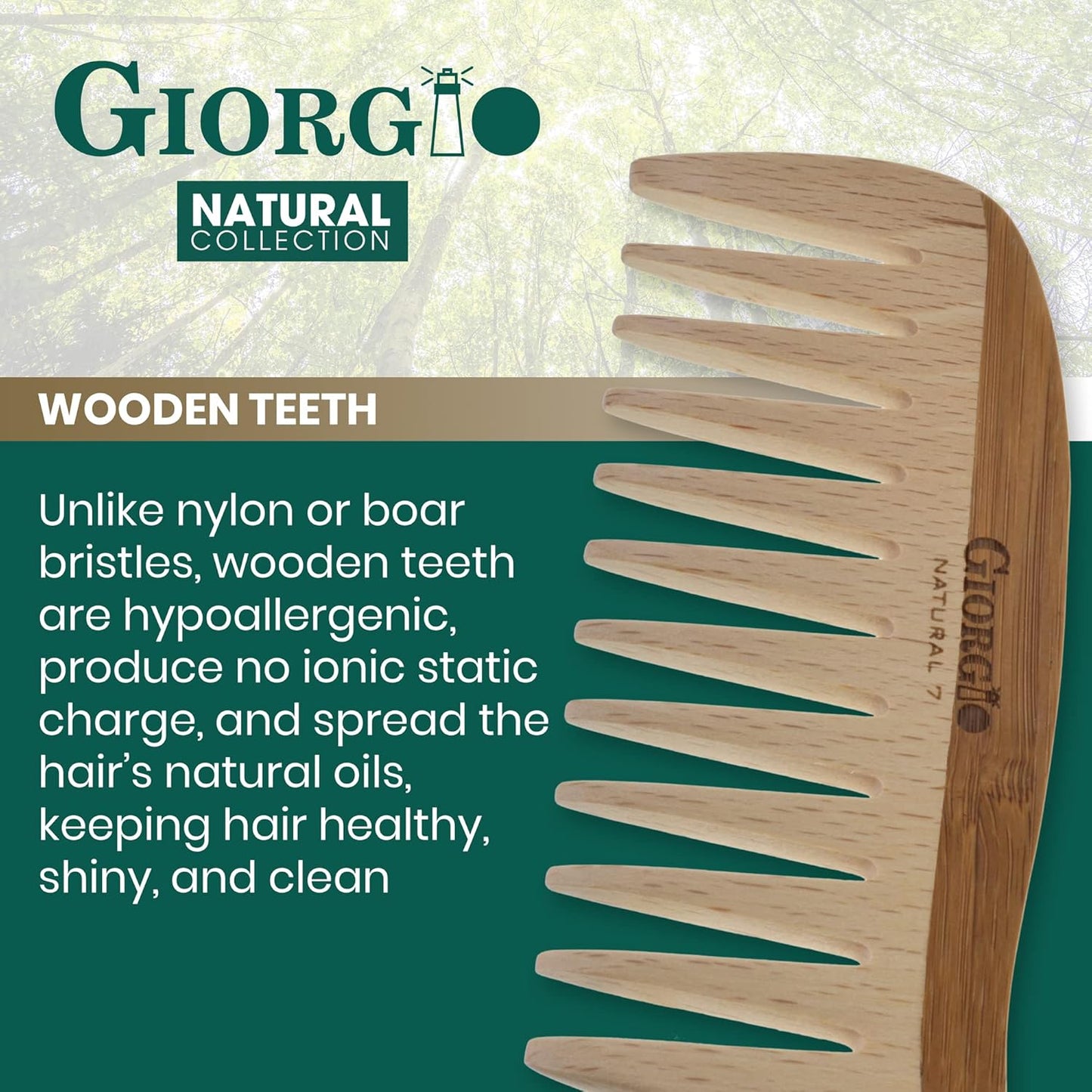 Giorgio GIONAT7 Large Natural Wooden Comb - Detangler Wide Tooth Comb for Curly, Long, and Thick Hair - Bamboo and Beechwood Organic Hair Comb