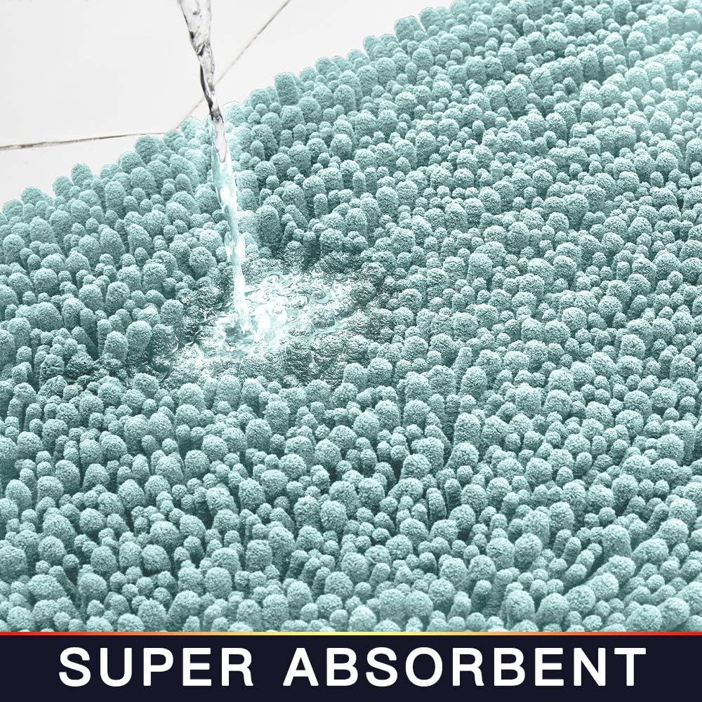 Walensee Bathroom Rug 2 Pieces Set Non Slip Bath Mat (20"x32" Plus 20"x24" U spa Blue) Water Absorbent Super Soft Shaggy Chenille Machine Washable Dry Extra Thick Perfect Carpet for Shower Floor