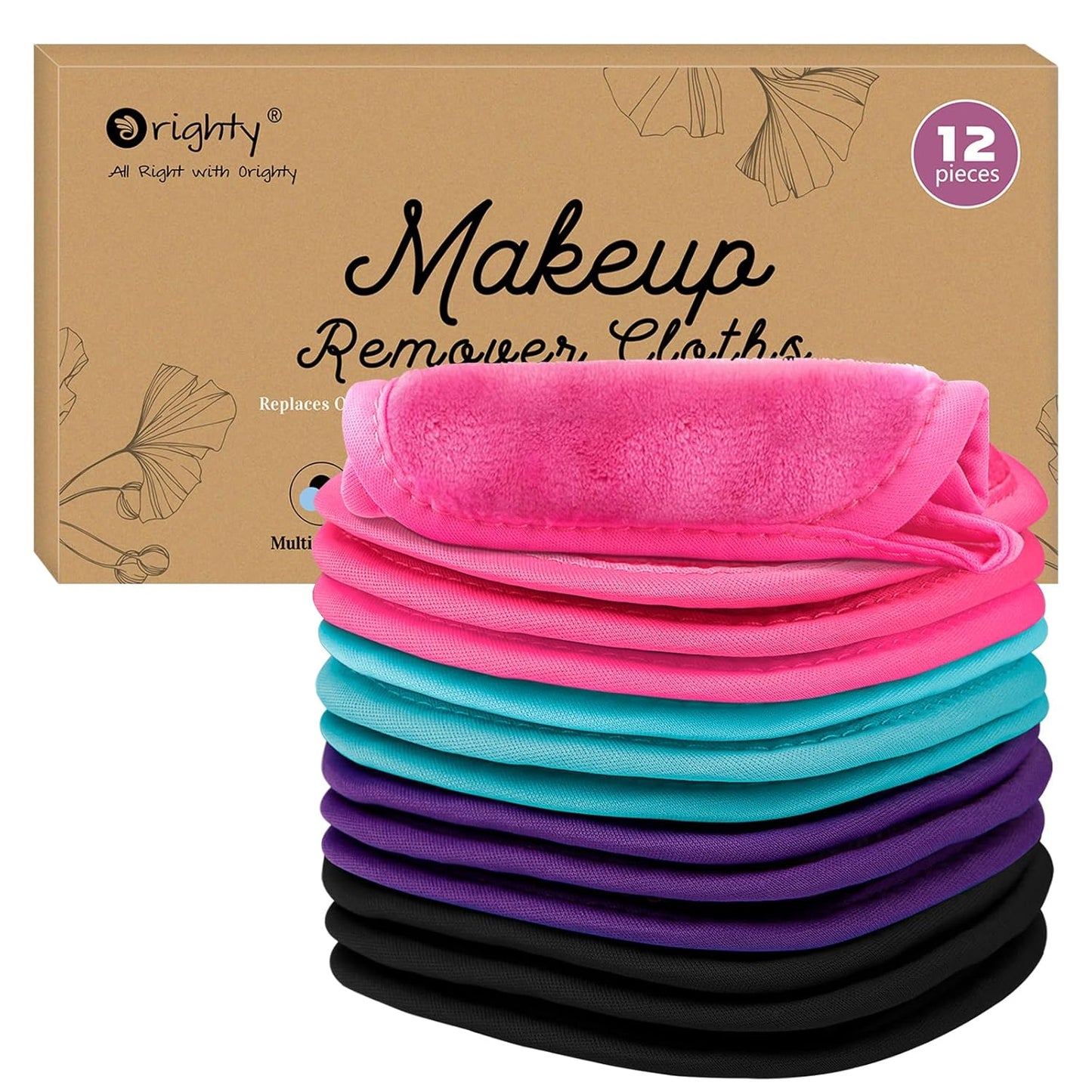 Orighty Makeup Remover Cloths 12 Pack, Makeup Removal Face Cleansing Cloth, Reusable Make Up Remover Pads Remove Instantly Dirt with Just Water, 5 x 5 in