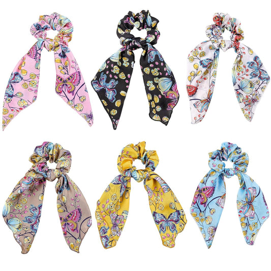 Butterfly Scrunchies - Vivid Silk Hair Accessories with Colorful Scarves, Ribbons, Elastics, Bandanas, Bows and Bands for Women and Girls (6PCS)
