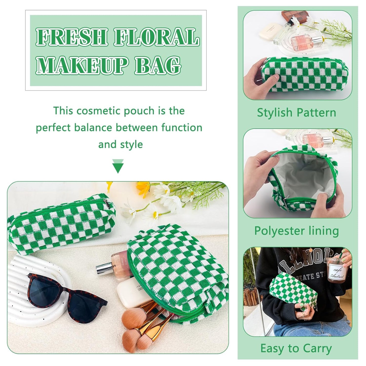 2Pcs Checkered Pencil Case Cute Pencil Pouch for Teens Checkered Makeup Bag Travel Cosmetic Bag Set Cute Makeup Pouch for Purse Portable Zippered Skincare Bags Preppy Toiletry Bags Organizer(Green)