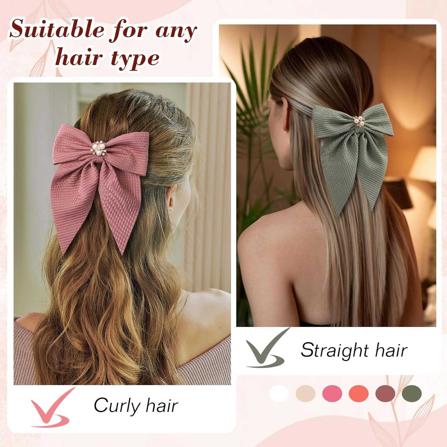 6PCS Hair Bow for Women, Pearl Bow Hair Clips for Girls, Cute Silky Satin Hair Bow Clips, Pink Bow Clip Long Tail, Bows Accessories for Gift