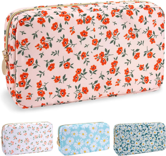 Nylon Small Floral Makeup Bag for Purse, Cute Preppy Pink Makeup Bag Flower Cosmetic Zipper Pouch, Waterproof Portable Travel Toiletry Makeup Brush Bag Organizer Storage for Women Girls(Pink-Floral)