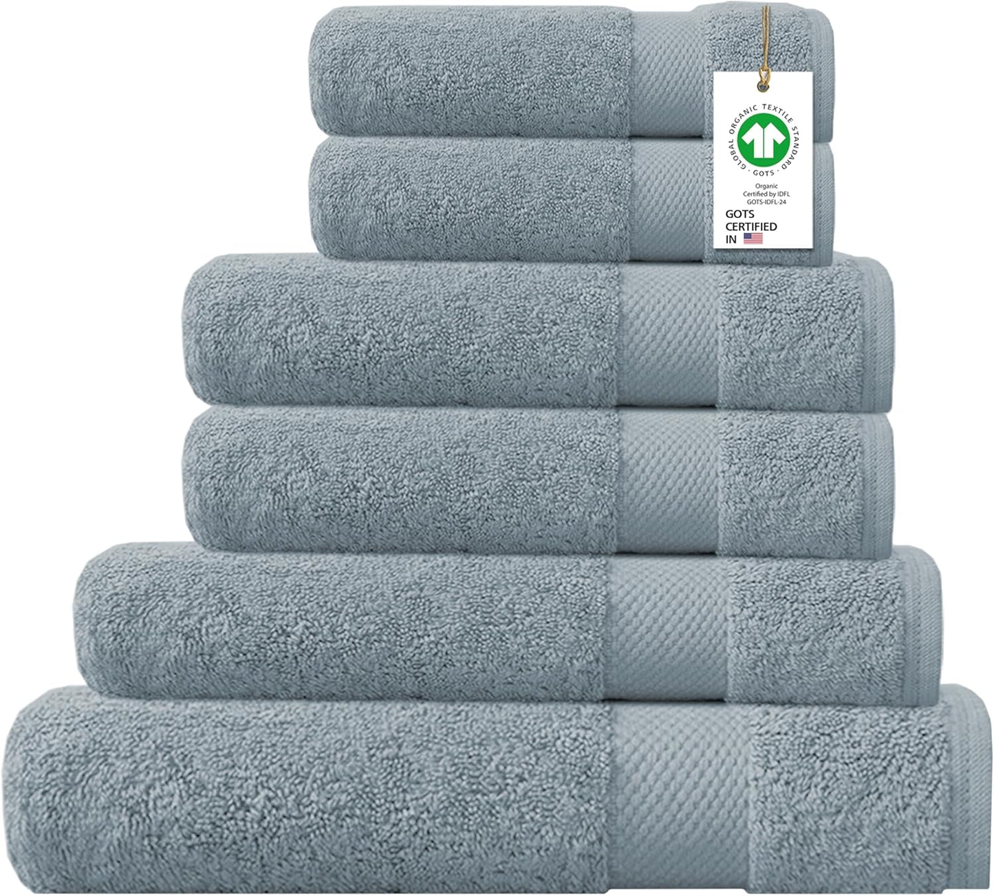 Delara 100% Organic Cotton Towels 650 GSM Plush Feather Touch Quick Dry Towel, 6-Piece Towel Set GOTS Certified, Oeko-Tex Green Certified, 1 Bath Towel, 1 Bath Sheet, 2 Hand Towels & 2 Wash Cloths