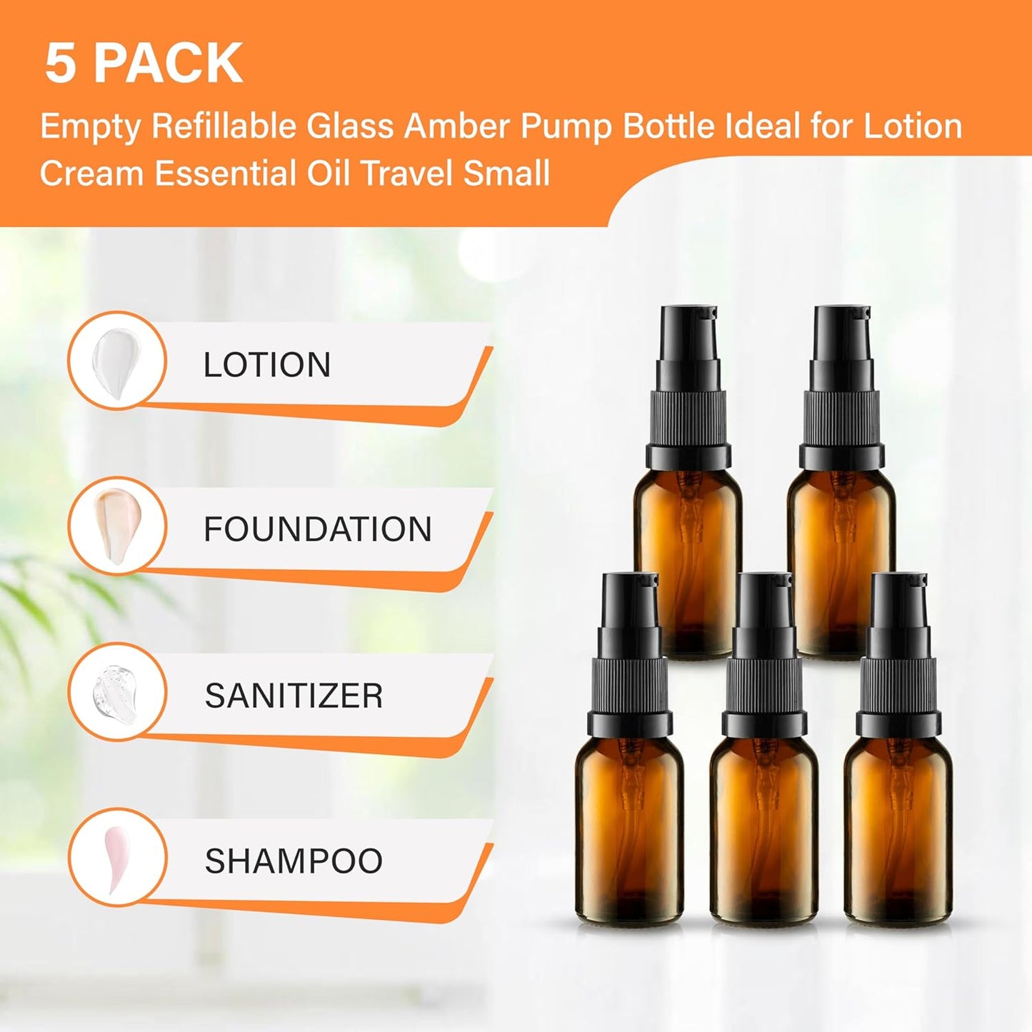 5 Pack Empty Refillable Glass Amber Pump Bottle Ideal for Lotion Cream Essential Oil Travel Small Container,15ml