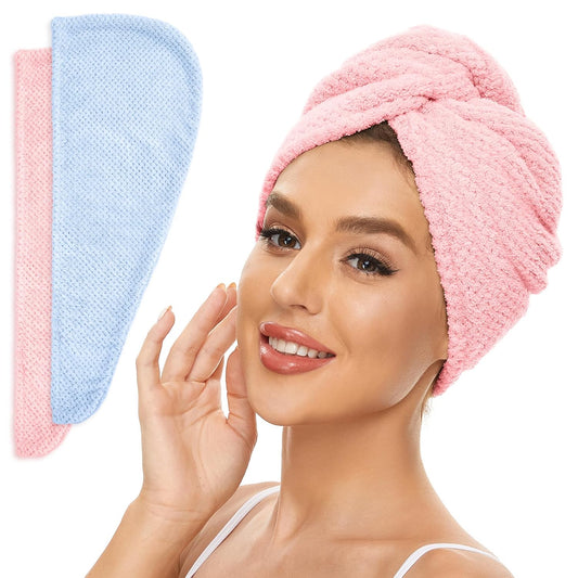 2 Pack Microfiber Hair Towel Wrap for Women, Anti Frizz Quick Drying Hair Turban for All Hair Style, Absorbent and Lightweight (Blue+Pink)