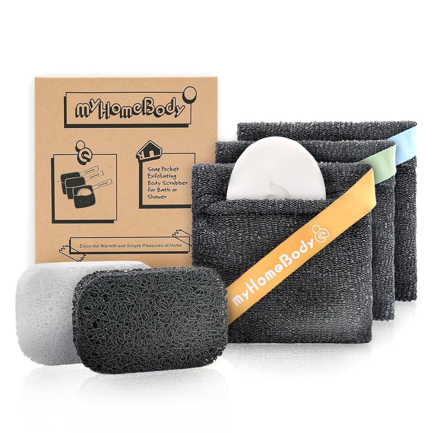 myHomeBody Soap Pocket Squares Exfoliating Pouch, Body Scrubber, Exfoliator Sponge for Bath or Shower, or Leftover Bits Saver, Graphite Gray, 3 Pack + 2 Lift Pads