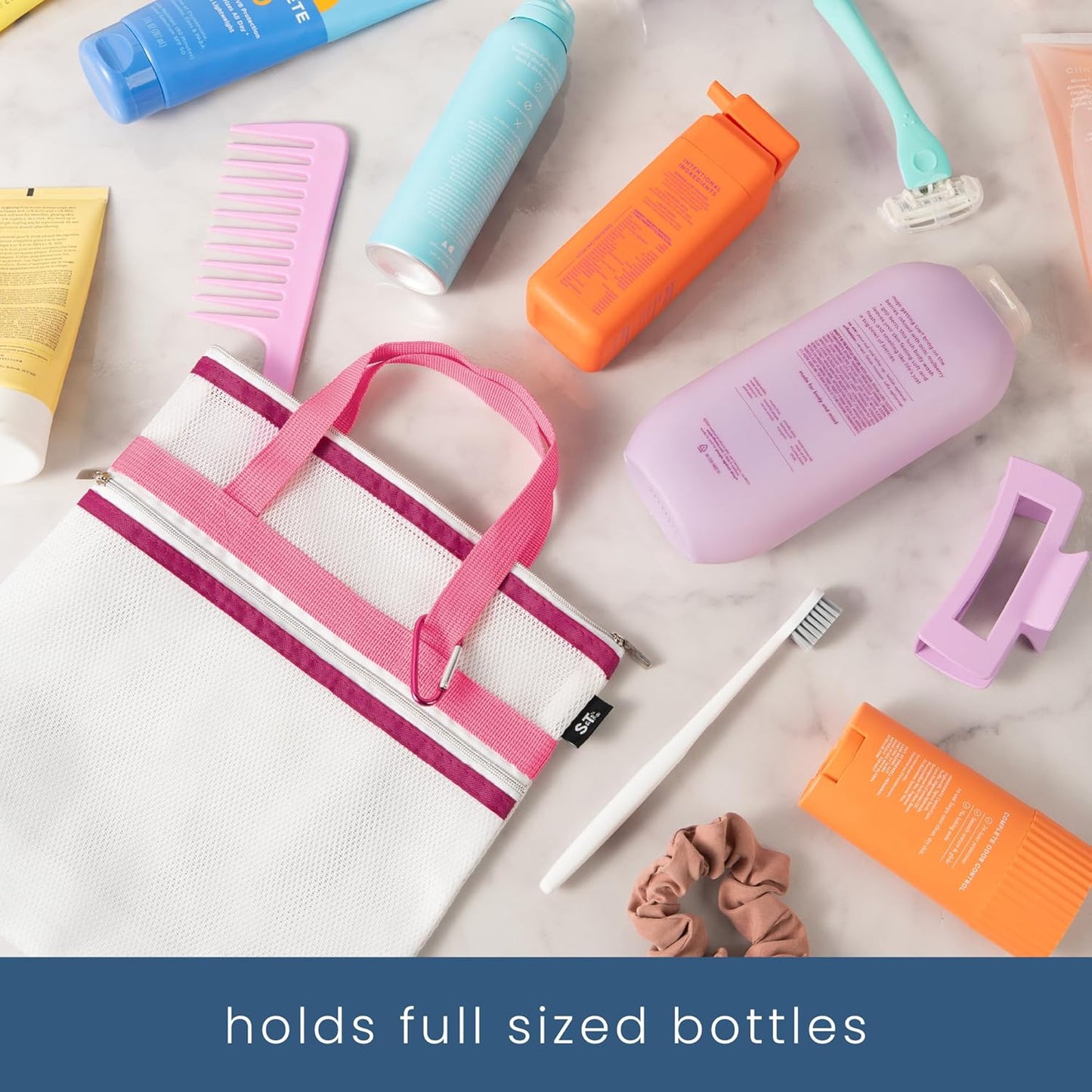 S&T INC. Mesh Shower Caddy, Shower Bag for Dorm Room Essentials, Gym Bag, Camping and More, Two Zippered Pockets, White and Pink, 10 Inches x 10 Inches