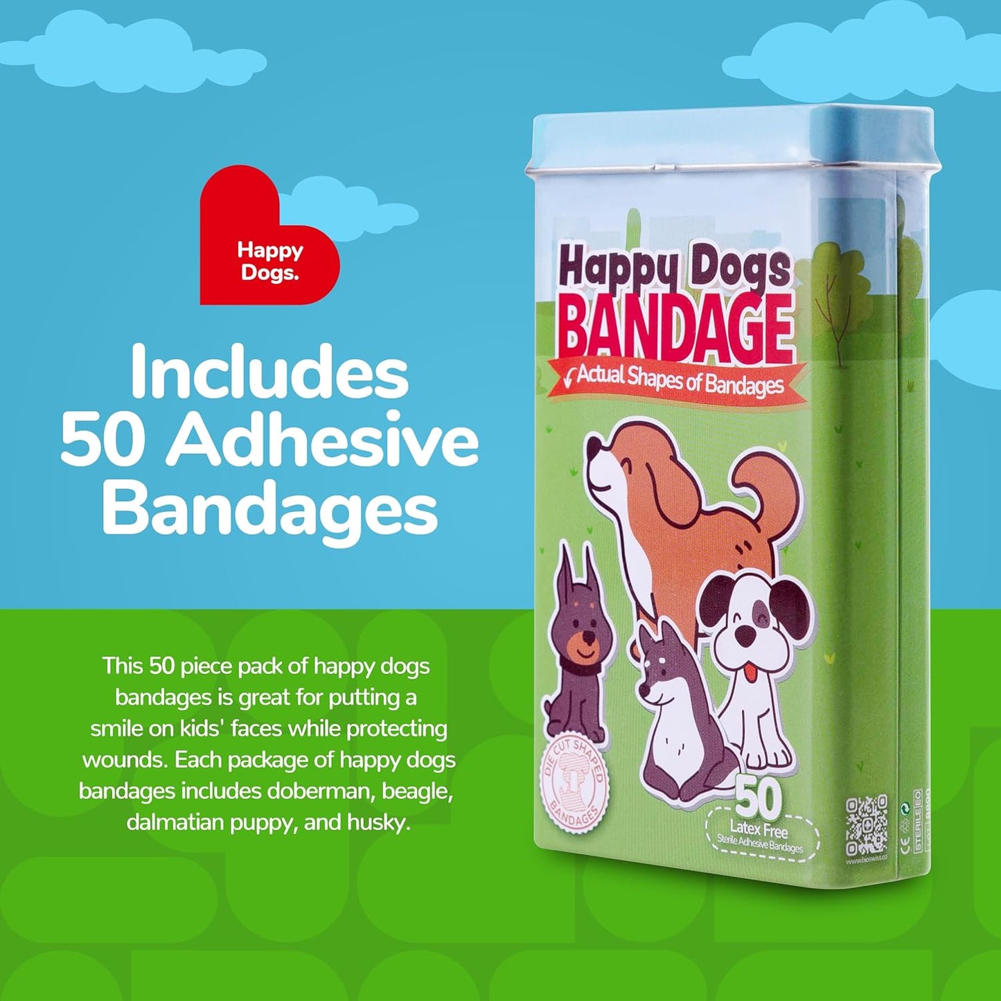 BioSwiss Kids Bandages, Happy Dog Shaped Self Adhesive Bandage Set, Latex Free, Sterile Wound Care, 50 Count