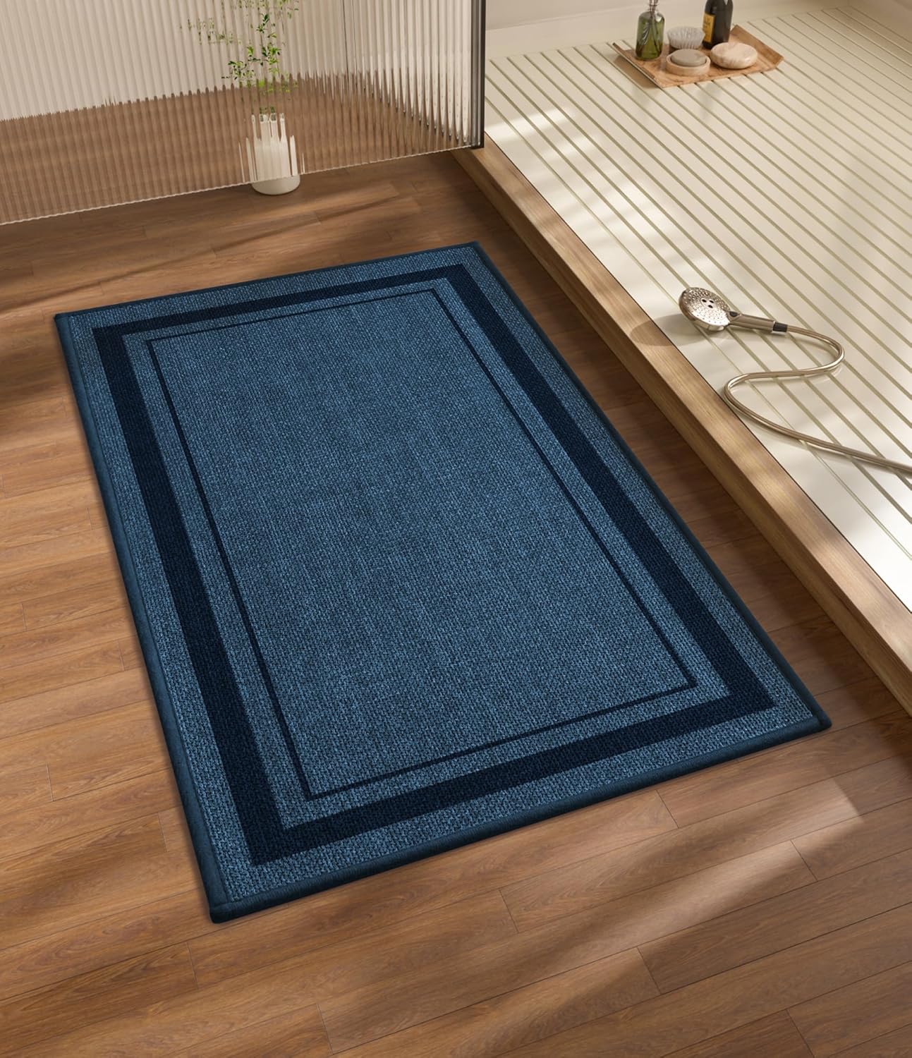 chakme Bathroom Rugs Mat 32x17, Ultra Thin Non Slip Bath Mat Quick Dry Absorbent Bath Mat for Bathroom, (Dark Blue, 32"x17")