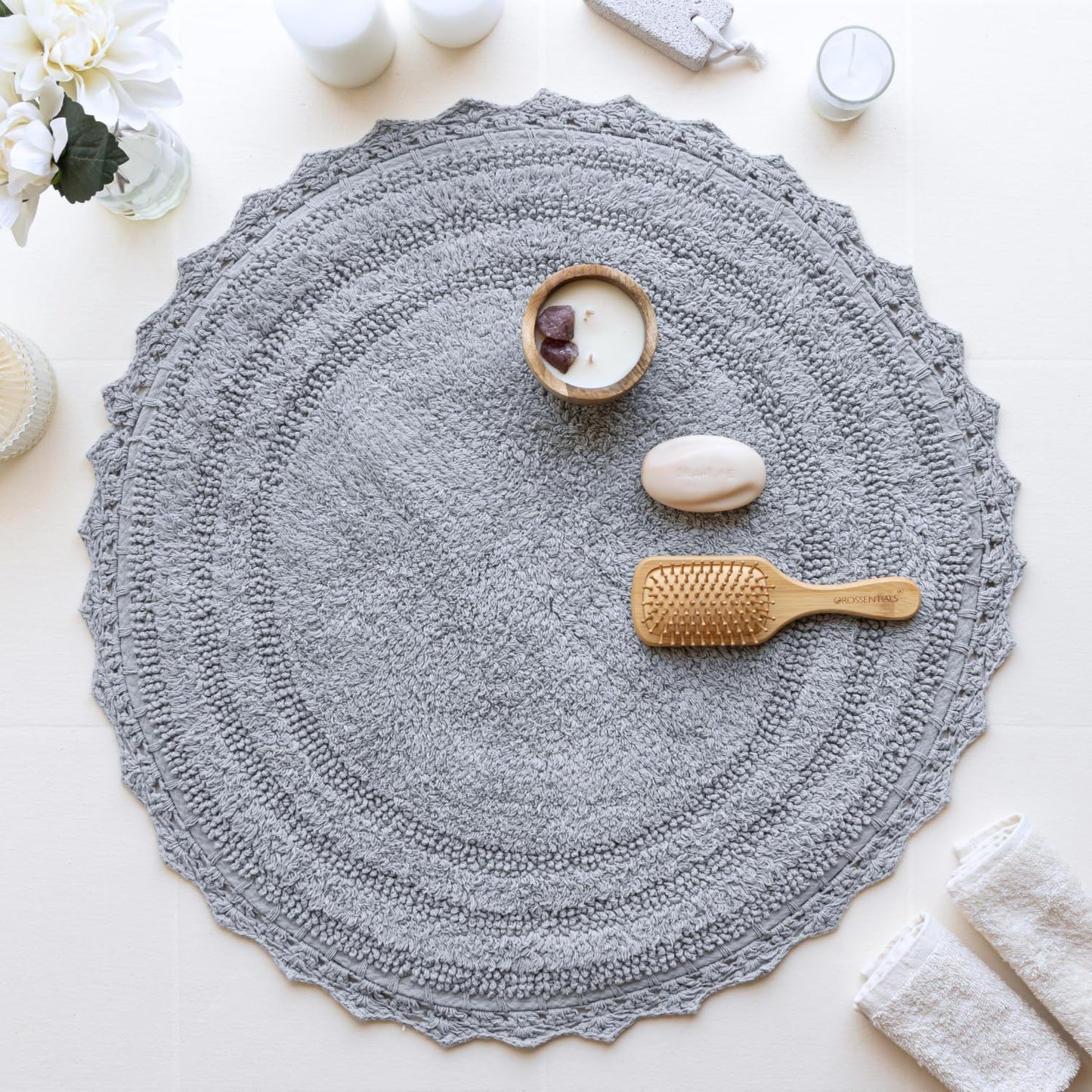RAJRANG Circular Bath Mat for Bathroom Kitchen and Spa with Crochet Pattern Cotton Absorbent Soft Reversible Boho Bath Rug Light Grey Round 24 Inches