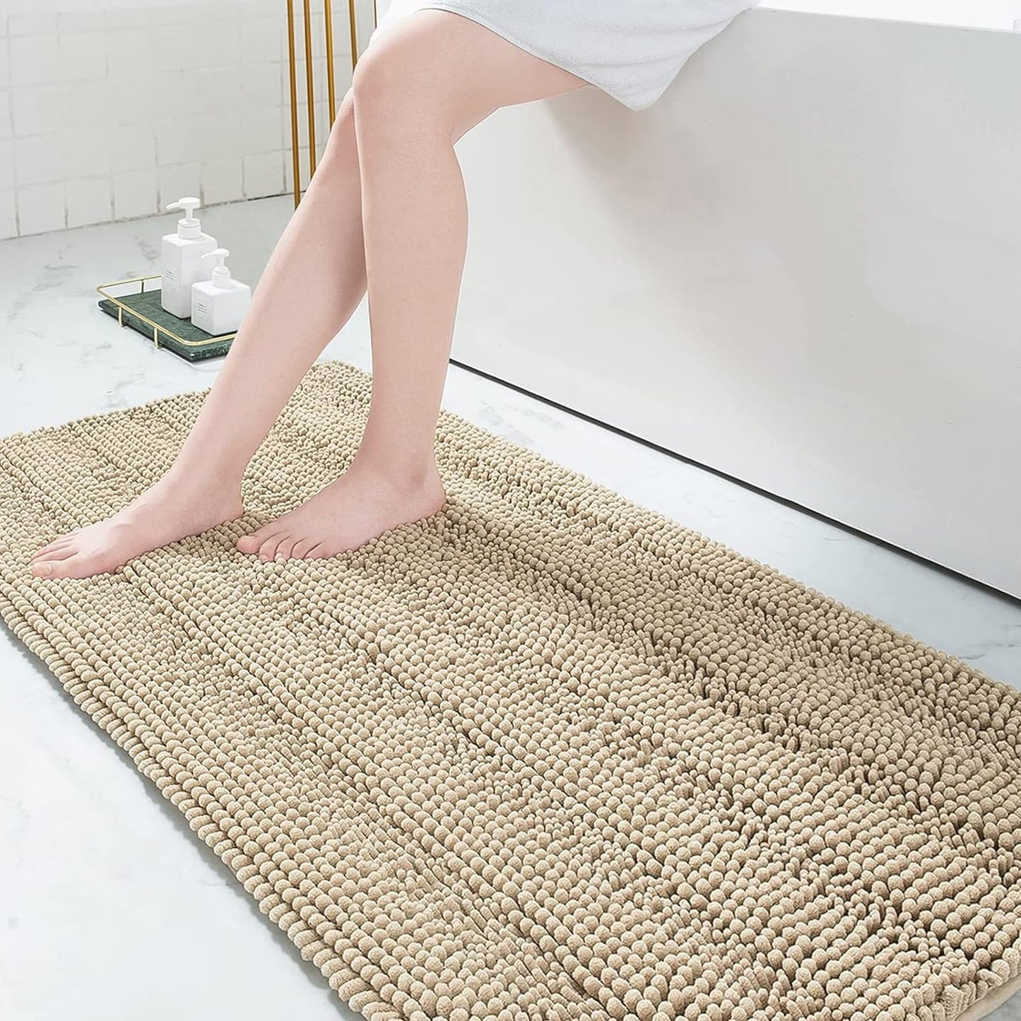 Grandaily Chenille Striped Bathroom Rugs 70x24, Extra Thick and Absorbent Bath Mats, Non-Slip Soft Plush Shaggy Shower Carpet, Machine Wash Dry, Bath Rug for Bathroom, Beige