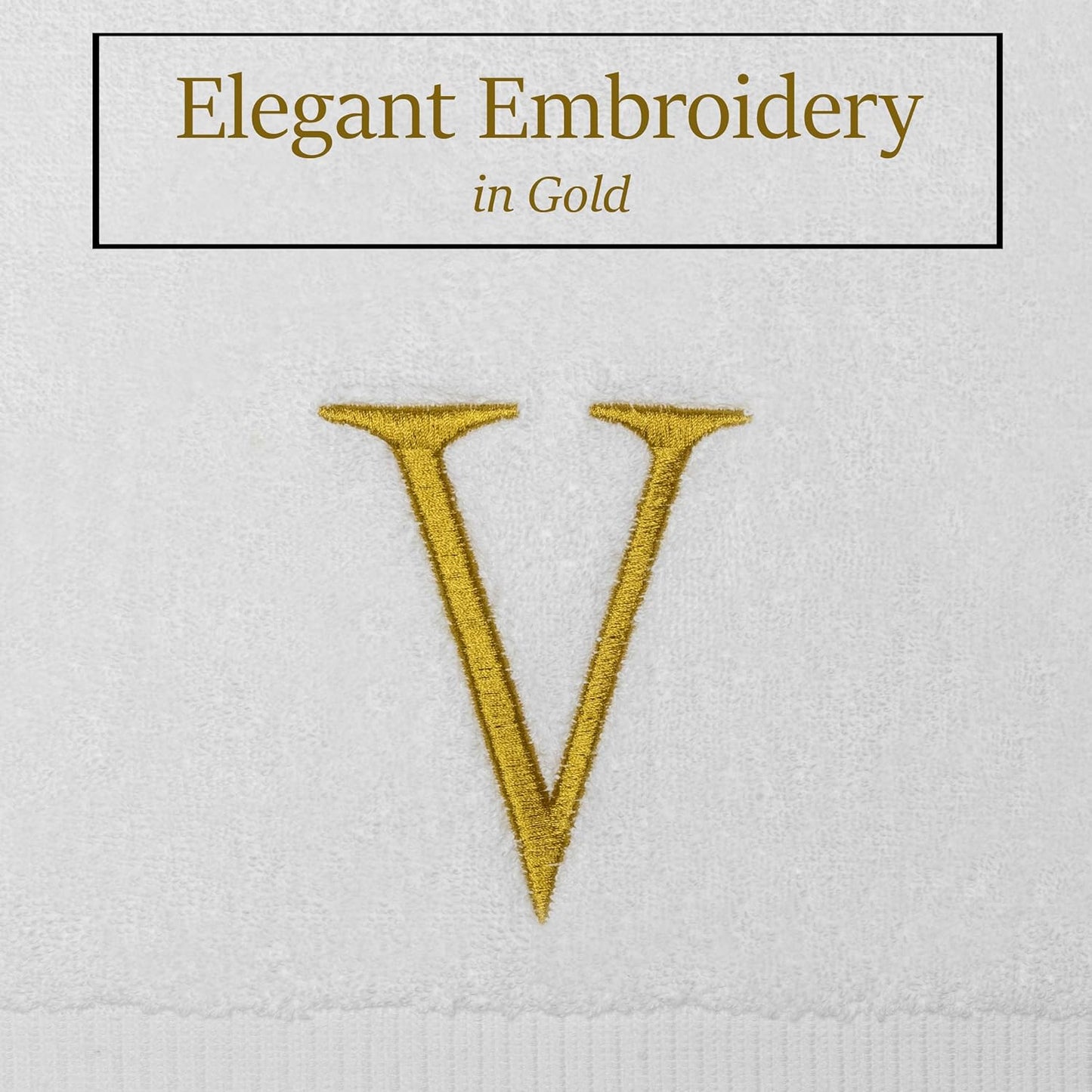 Monogrammed Hand Towels for Bathroom - Luxury Hotel Quality Personalized Initial Decorative Embroidered Bath Towel for Powder Room, Spa - GOTS Organic Certified - Set of 2 Gold Letter V