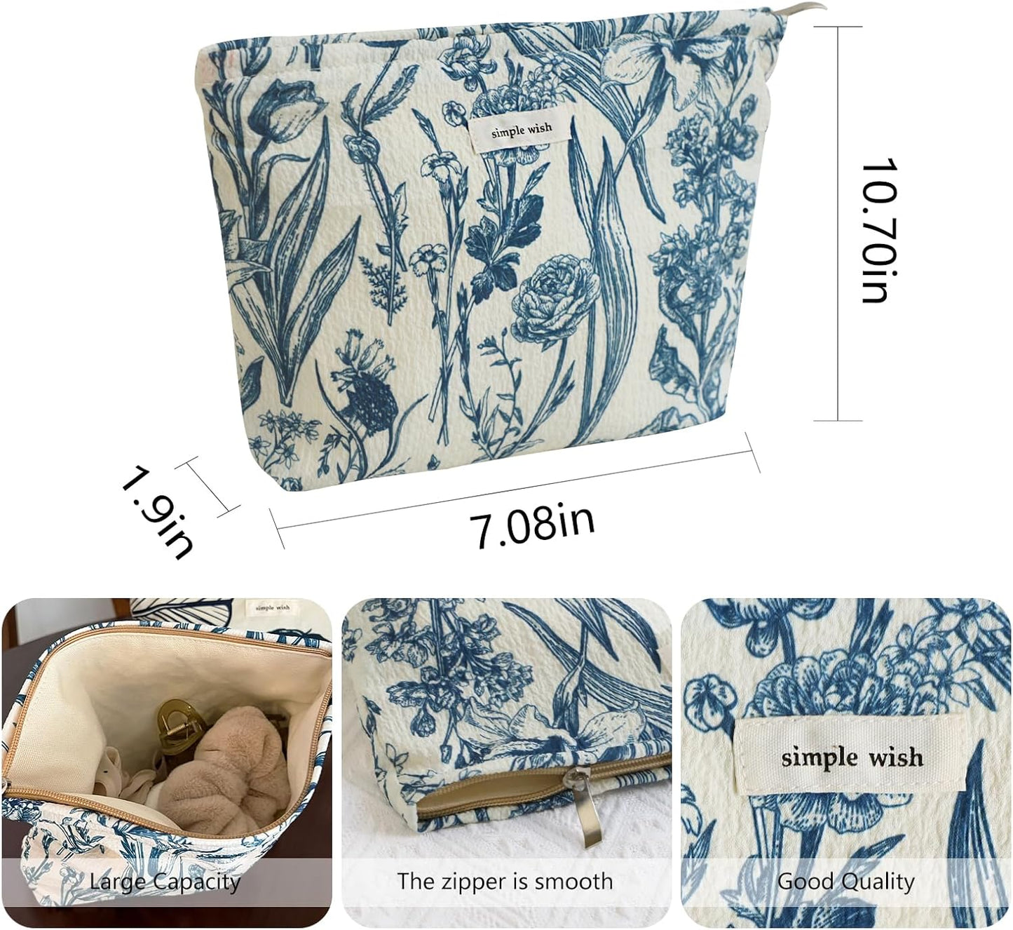 Wudygirl Cute Makeup Bag for Women - Travel Cosmetic Bag with Zipper Makeup Pouch Floral Make up Organizer Handbag Aesthetic (Porcelain Blue)