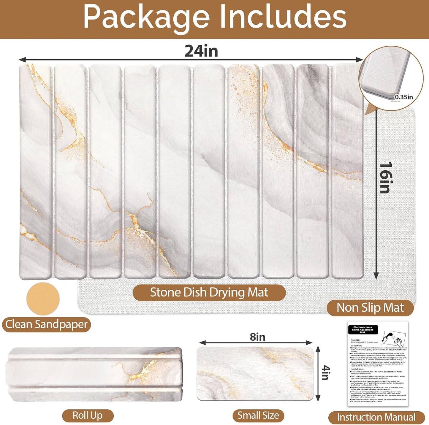 2 PCS Large Stone Dish Drying Mat for Kitchen Counter,Quick Dry Stone Dishes Mats,Marbled Water Absorbing Diatomaceous Earth Drying Pad for Countertop Bottles Utensils Cups(Gold White 24"x16"&8"x4")