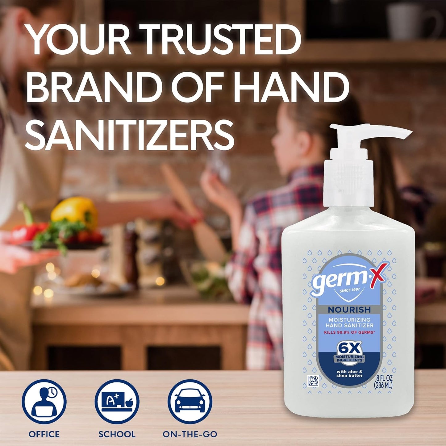 Germ-X Nourish Hand Sanitizer, 2-in-1 Moisturizing and Sanitizing Formula with Shea Butter, Vitamin E & Aloe, Non-Greasy, Fresh Citrus Scent, Back to School Supplies, Pump Bottle, 8 Oz (Pack of 6)