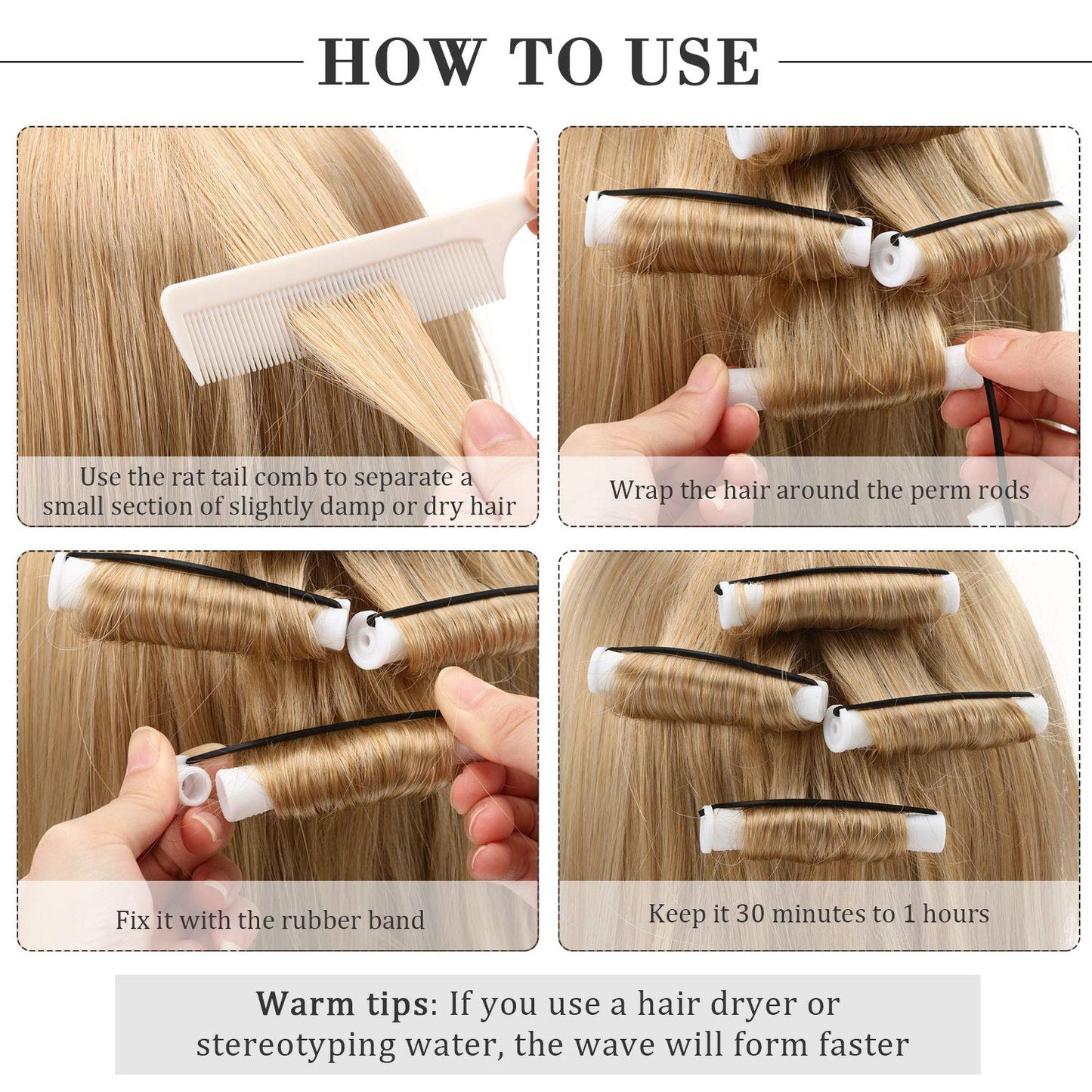 WILLBOND 36 Pieces Cold Wave Rod Hair Perm Rods Hair Rollers Perming Curlers with Steel Rat Tail Comb for Hairdressing Styling