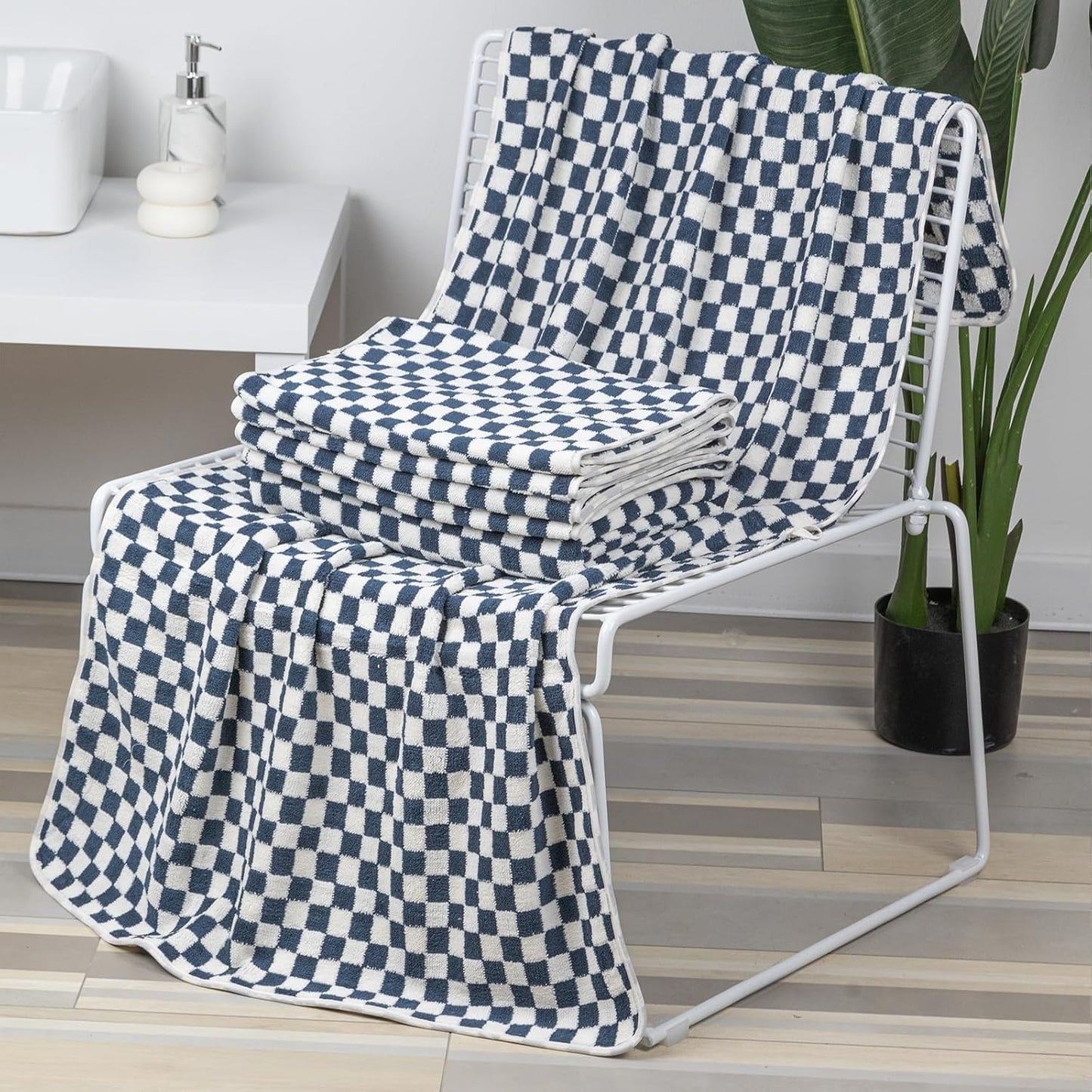 Checkered Bath Towels Set of 6 Large, Microfiber Shower Towels * 2 (55.12"*27.56"), Hand Towels * 4 (29.52"*13.77"),Towels for Bathroom、Pool、Hotel, Spa, Soft Absorbent Quick-Dry（Blue）