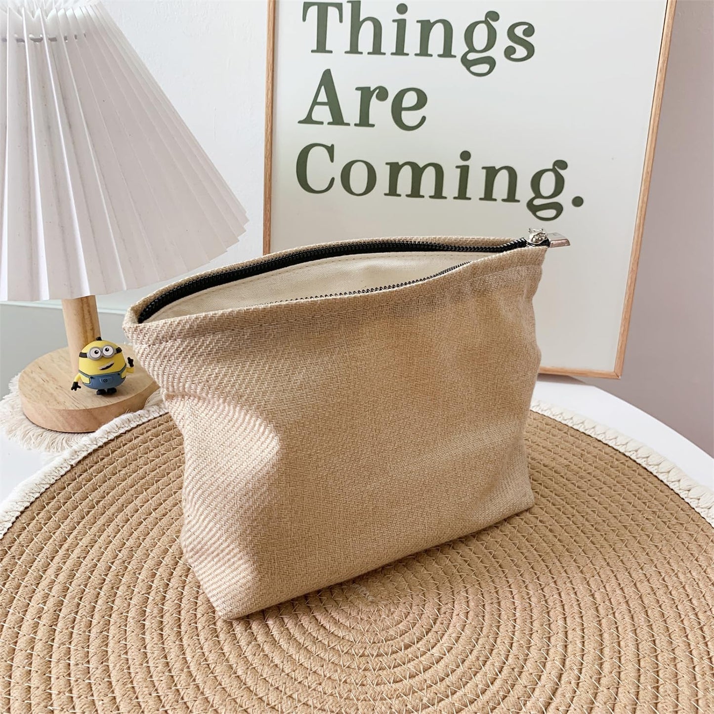 Bohemian Makeup Bag, Jute Cosmetic Bag, Large Zipper Pouch(10.6" * 7.1" * 2.8"), Solid Color Make Up Bag for Women, Perfect for Storing Makeup and Accessories, Makeup Bag for Daily Use Travel Gifting