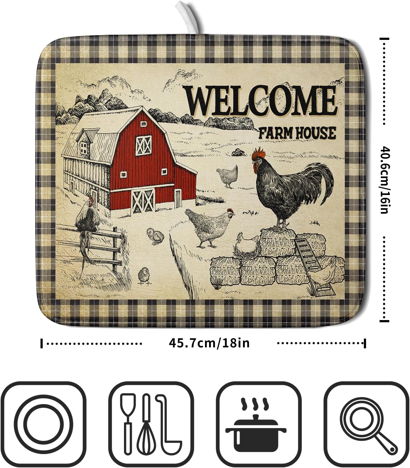 Farmhouse Rooster Dish Drying Mat 16x18 Inch Country Chicken Absorbent Dish Drainer Mat Reversible Countertops Protector Pad Kitchen Accessories