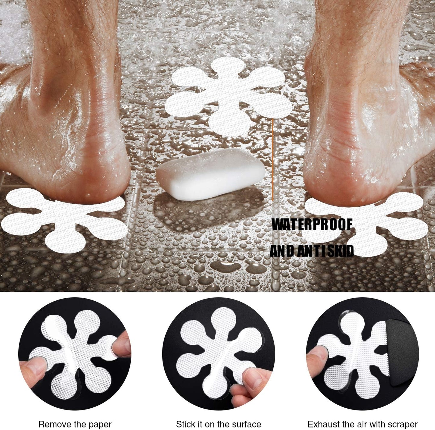 Bathtub Stickers Non-Slip, 12 PCS White Safety Shower Treads Adhesive Appliques with Premium Scraper