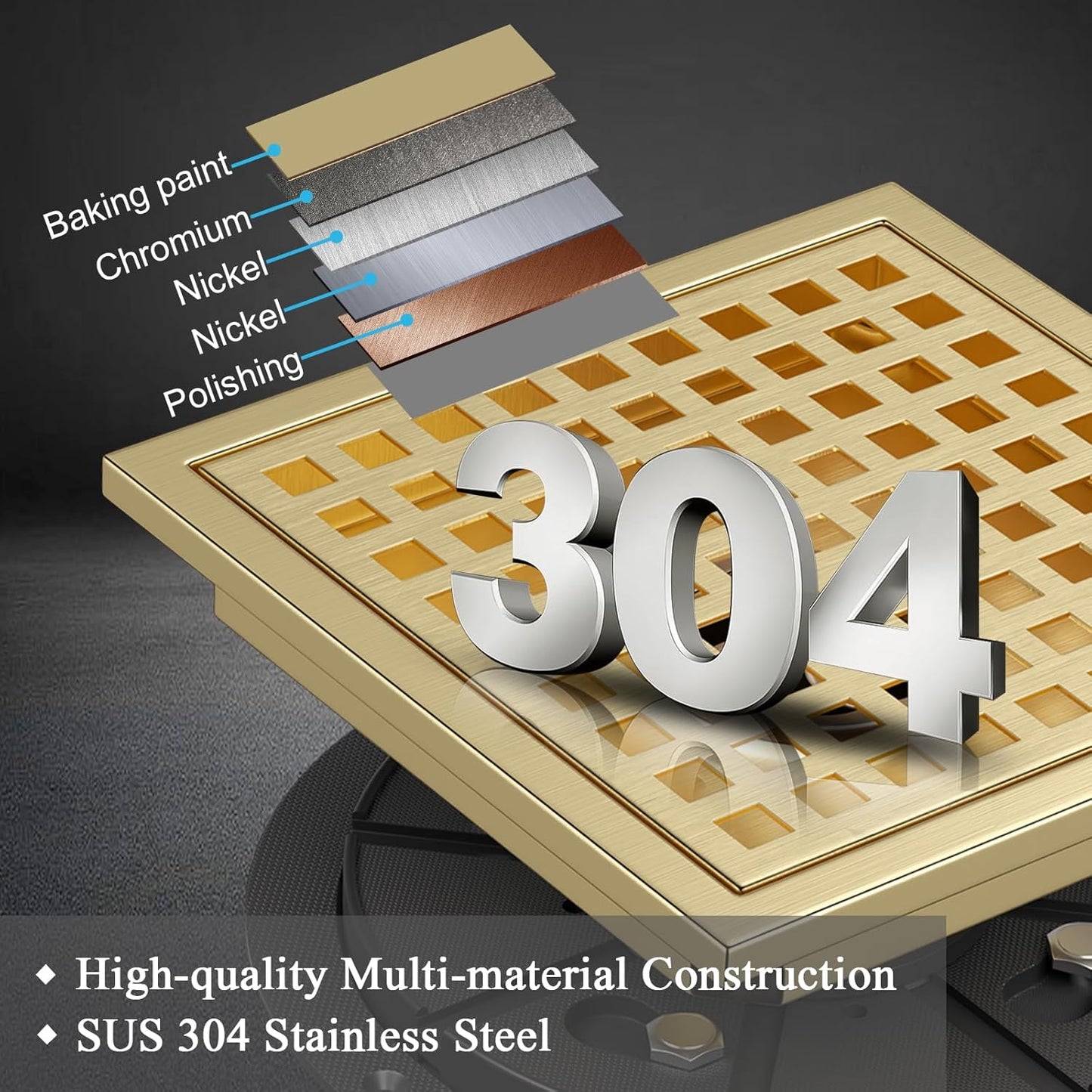 Square Shower Floor Drain with Flange, 4 Inch Brushed Gold Shower Drain Hair Catcher, SUS304 Stainless Steel Floor Drain Strainer, Shower Drain Cover