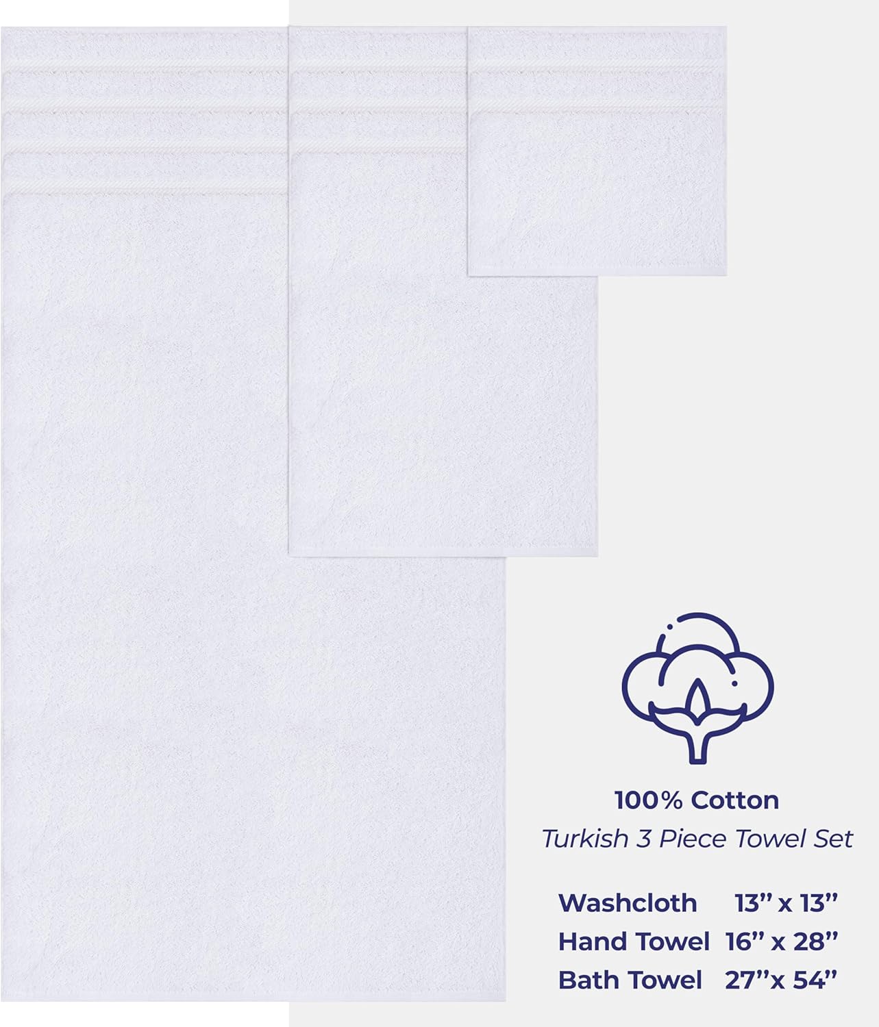 American Soft Linen Premium 3 Piece Towel Set, 1 Bath Towel 1 Hand Towel 1 Washcloth, 600 GSM 100% Cotton Turkish Towels for Bathroom, White Towel Set