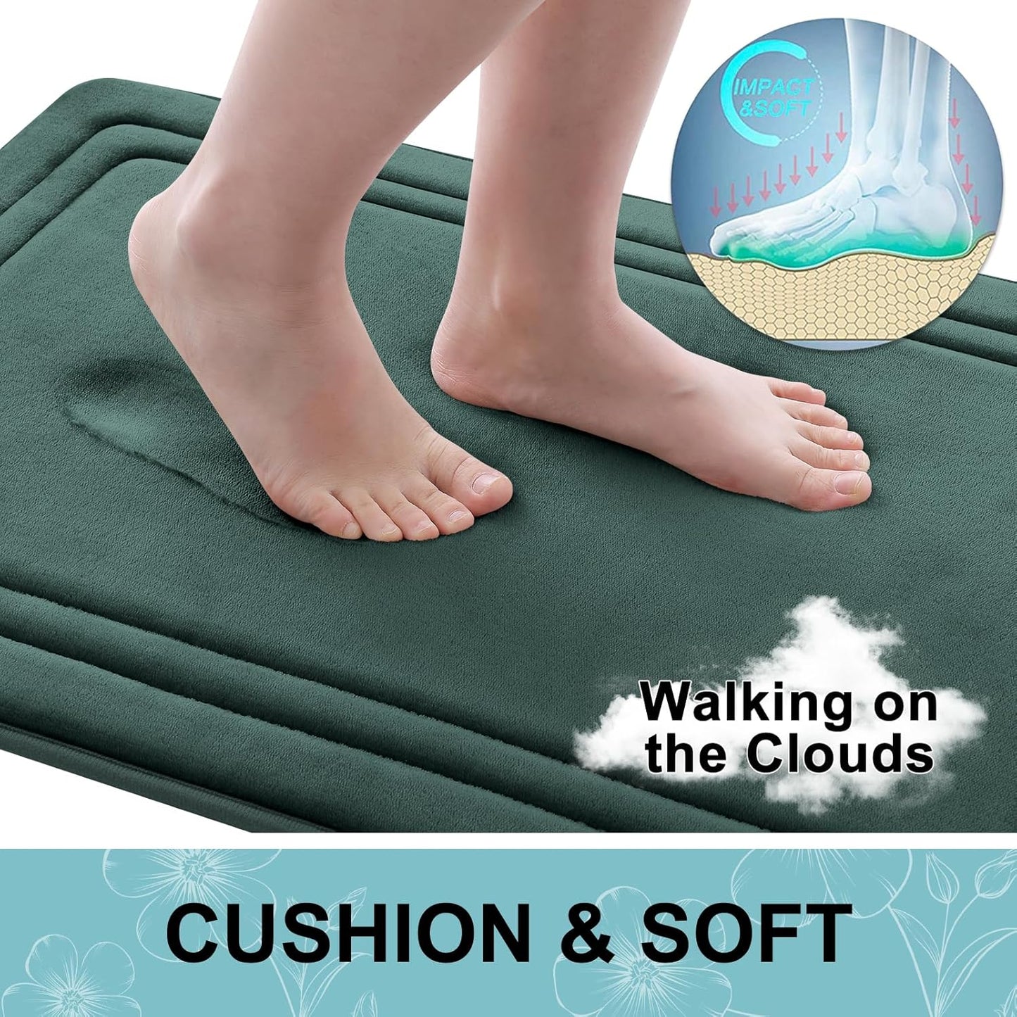 Grandaily Memory Foam Bath Mat Rug 30x20, Ultra Soft, Non-Slip and Absorbent Bathroom Rugs, Machine Wash Dry, Comfortable Bath Carpet for Bathroom Floor, Tub and Shower, Dark Green