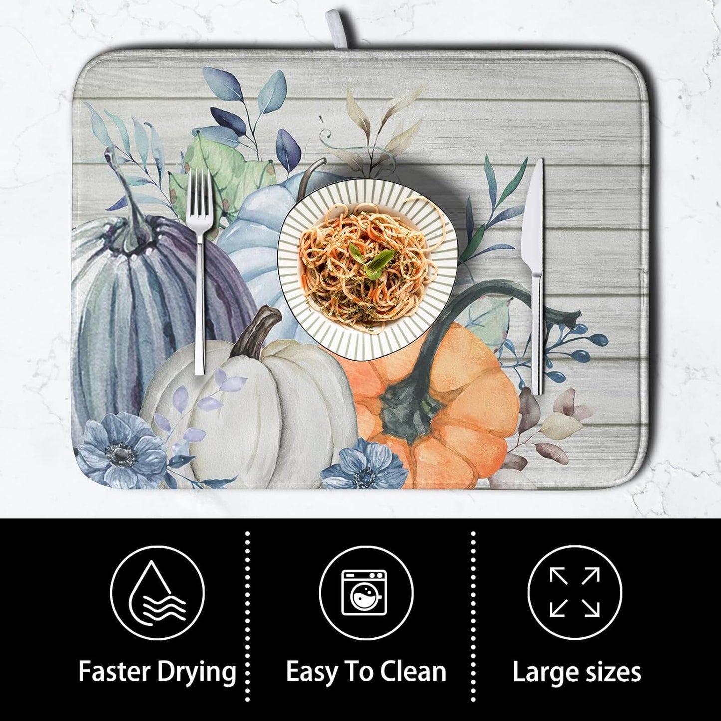 Fall Blue Orange Grey Pumpkin Kitchen Dish Drying Mat for Kitchen Counter 18x24 Inch Autumn Teal Flowers Drying Mat Thanksgiving Harvest Dish Drainer Mat Super Absorbent Dish Rack Pad for Coffee Bar