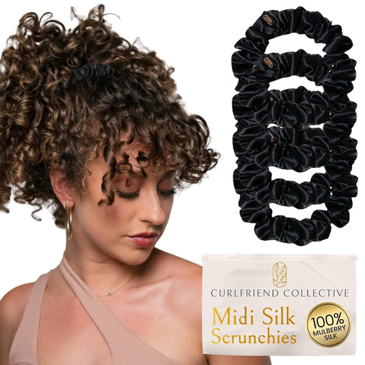 Curlfriend Collective Onyx Midi Curly Hair Silk Scrunchies for Women, Black | 22 Momme Mulberry Silk Hair Ties for Curly, Coily, and Wavy Hair - Black, Pack of 4