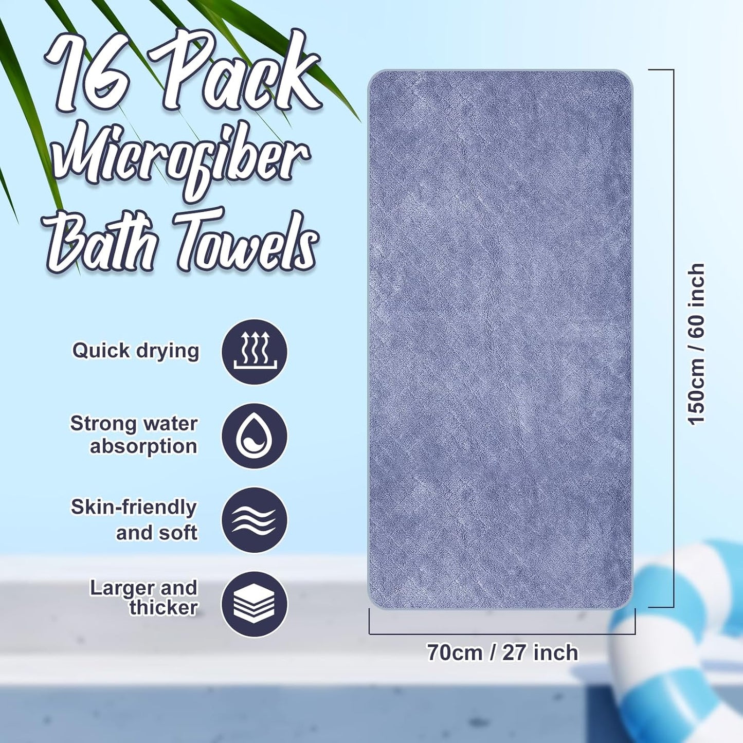 16 Pack Microfiber Bath Towels Bulk 27'' x 60'' Oversized Size Bath Towel Highly Absorbent Extra Large Soft Drying for Shower Beach Salon Winter Sport Spa Gym (Diamond,Light Grey)