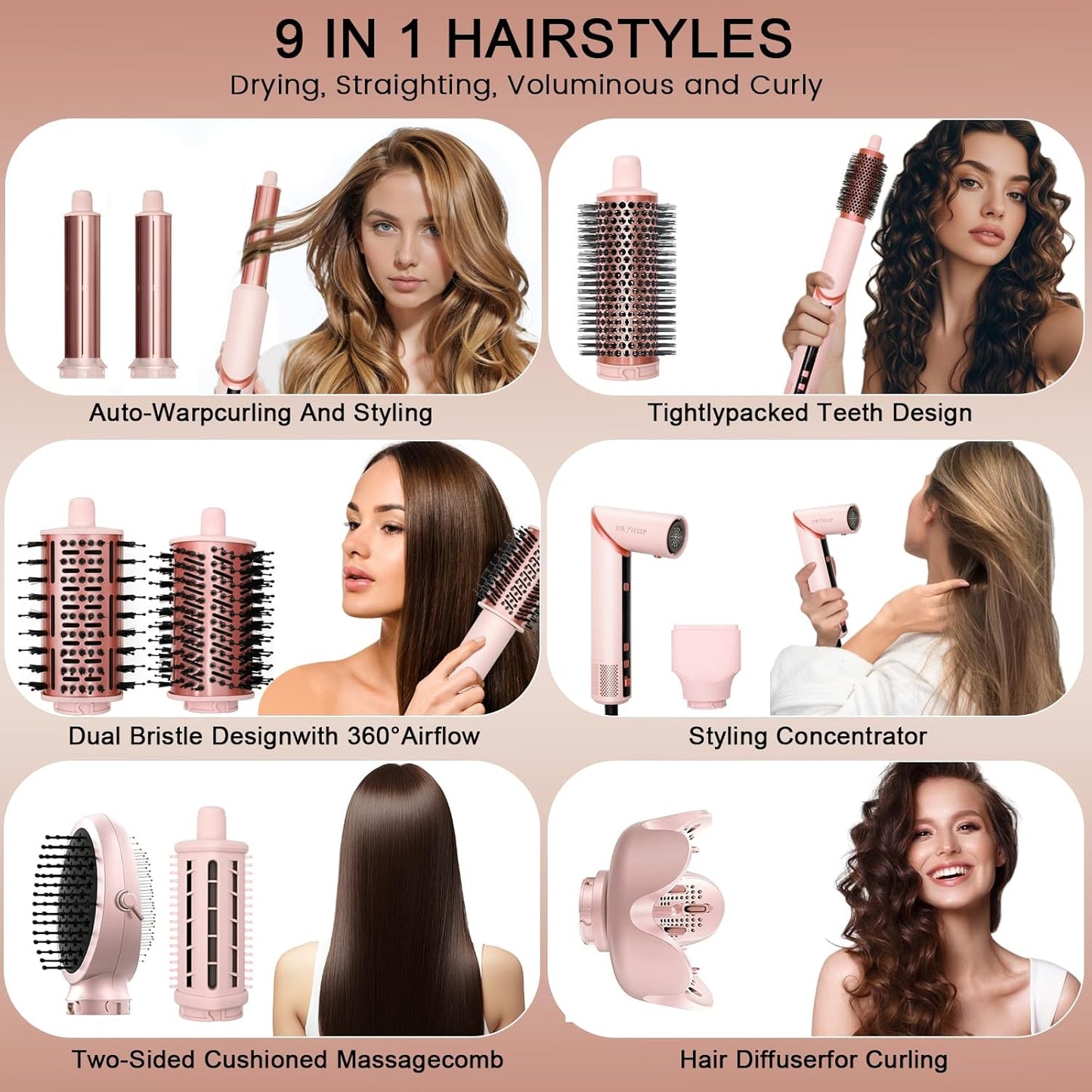9 in 1 Hot Air Styler Wrap - 110,000 RPM High-Speed Hair Dryer Brush, Negative Ionic Foldable Blow Dryer Brush for Fast Drying, Curling, Volumizing - Multi Stylers Tool, Holiday Gift for Women
