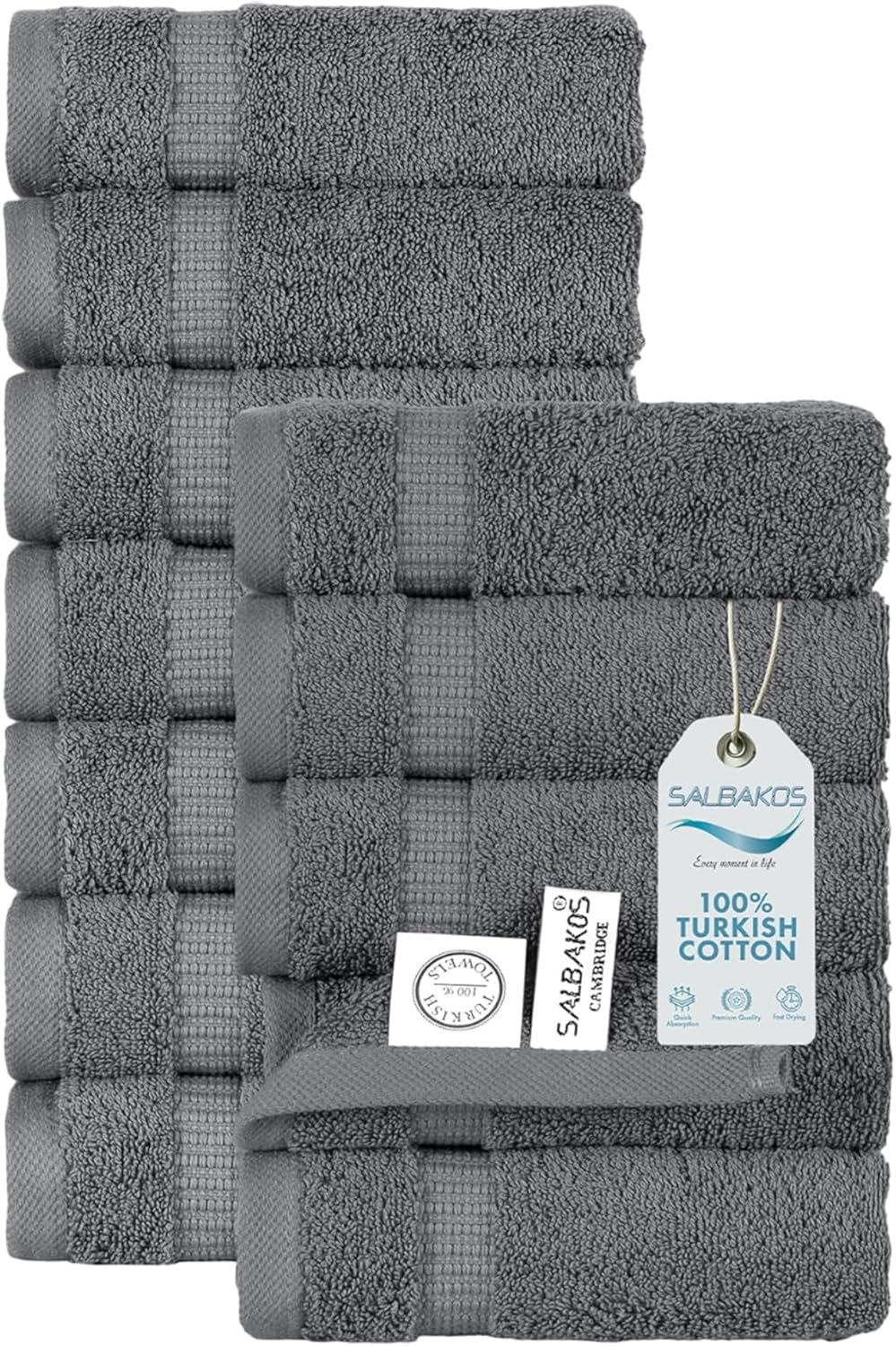 SALBAKOS 100% Turkish Cotton Washcloth Set of 12 13x13 inch | Heirloom Quality | Hotel & Spa Collection | Ultra Soft, Super Absorbent, Washcloth Towels | Made in Turkey (Gray, 12 Washcloths)