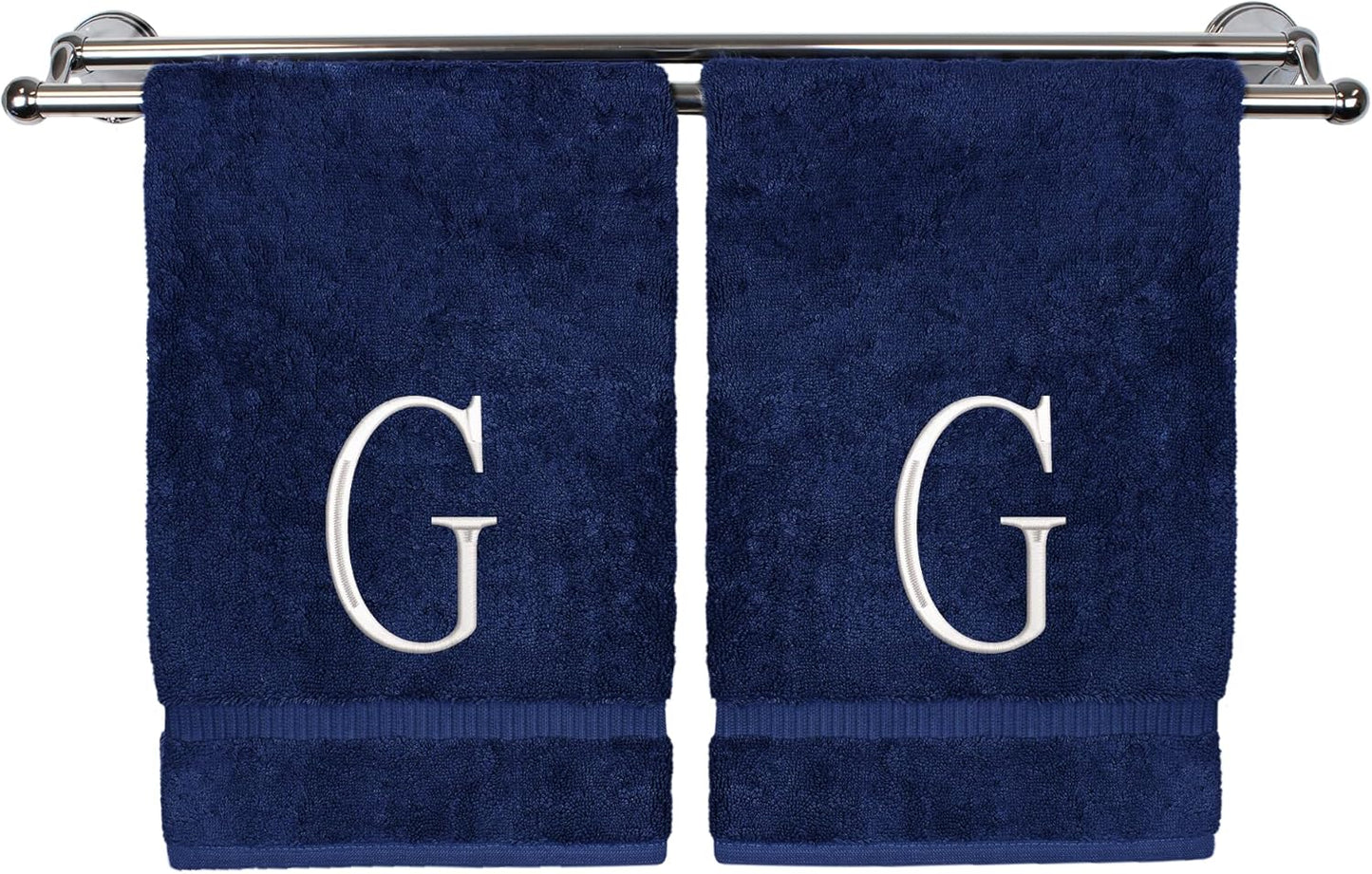 Monogrammed Hand Towel, Personalized Initial Gift, Extra Absorbent 100% Turkish Cotton - Soft Terry Finish - Set of 2 - White Block Initial G - Embroidered on Navy Blue Towels