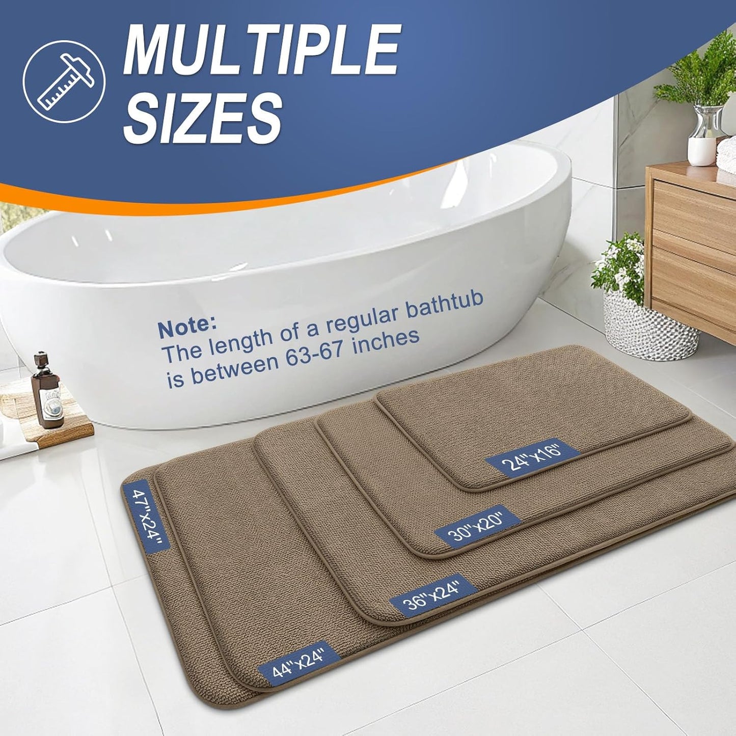 OLANLY Thick Memory Foam Bath Mat Rug 44x24, Extra Soft Absorbent Bathroom Rug, Quick Dry Bath Mats, Non-Slip, Machine Washable Carpet for Bathroom, Tub and Shower, Home Decor Accessories, Tan