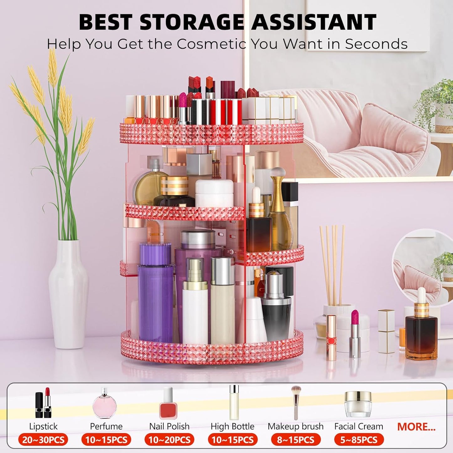 360 Degree Rotating Makeup Organizer, Extra Large Capacity Perfume Holder, Removable 7 Layers Cosmetics Organizer, Make Up Organizer For Countertop Storage Skincare or More (Pink)