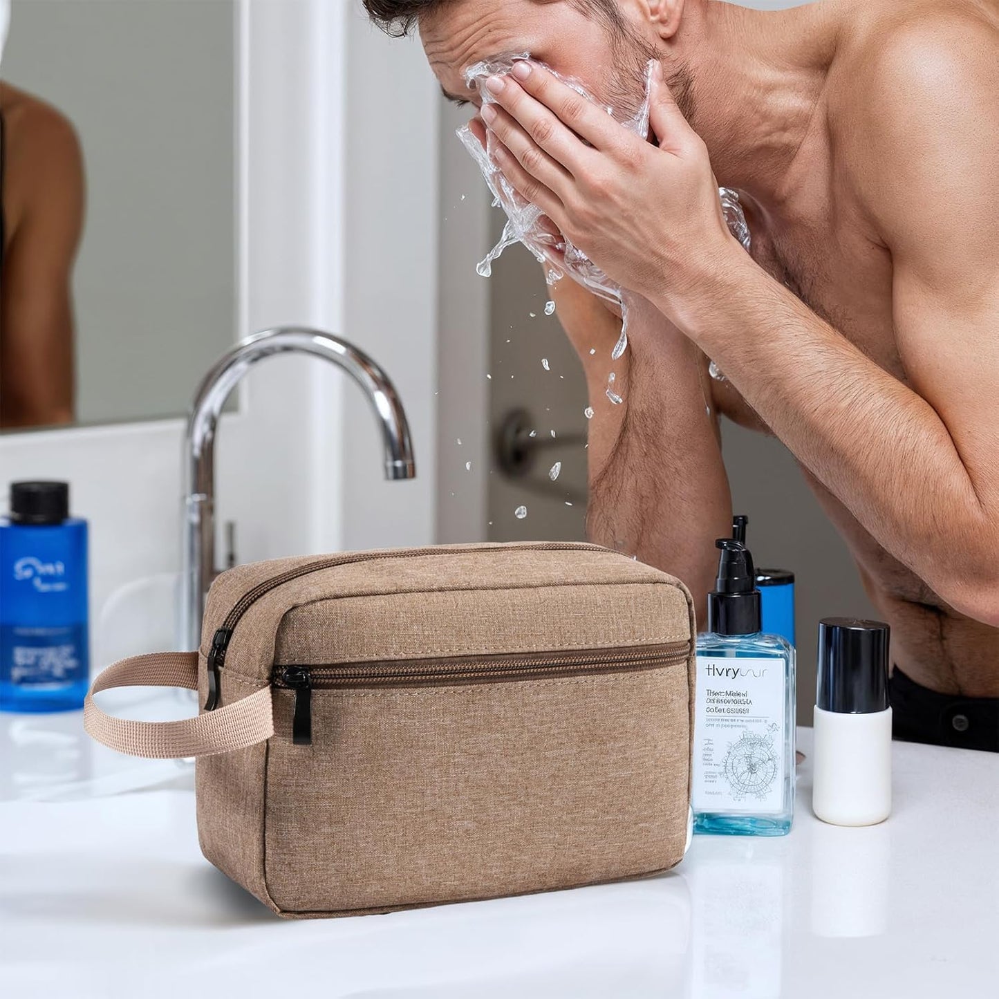 Travel Toiletry Bag, Hanging Water-Resistant Organizer for Men & Women, Ideal for Makeup, Shaving Kit, Gym Essentials & Travel Accessories (Camel)