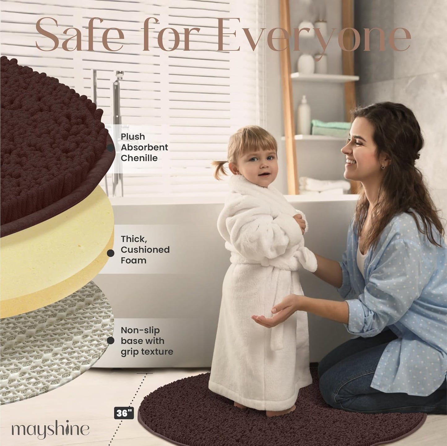 MAYSHINE Round Area Rug Set for Bathroom | Soft Plush Chenille Bath Mat, Water Absorbent Non-Slip Bathroom Rug | Washable Shag Carpet for Shower, Bedroom, or Home Décor | 36"x36" (Round) | Brown