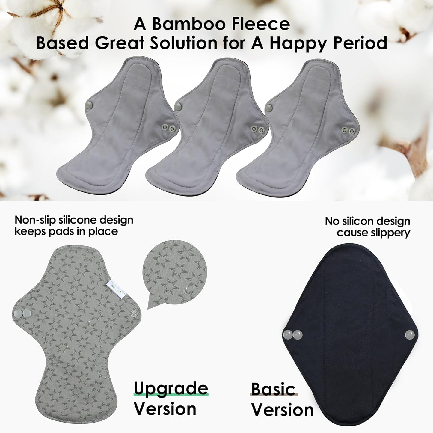 wegreeco 6 Pcs Reusable Menstrual Pads, Ultra Absorbent Cloth Pads for Heavy Flow, Sanitary for Teens, Women, Nonslip, Grey Inner, Grey Outer, Medium