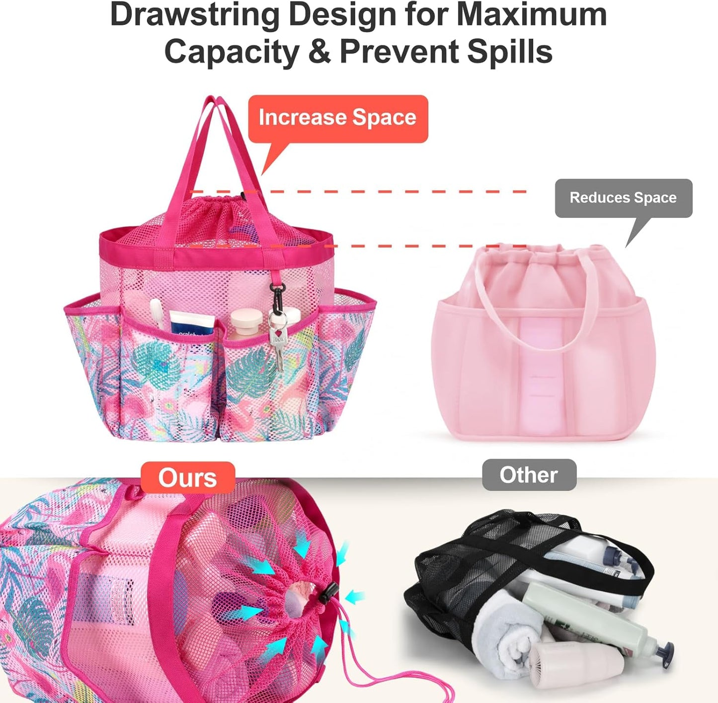 F-color Mesh Shower Caddy Portable with Drawstring - Upgrade Deeper 7 Pockets Dorm Room Essentials for Guys Girls with S Hook, Shower Bag Basket Tote for College Camping Bathroom, Pink Flamingo