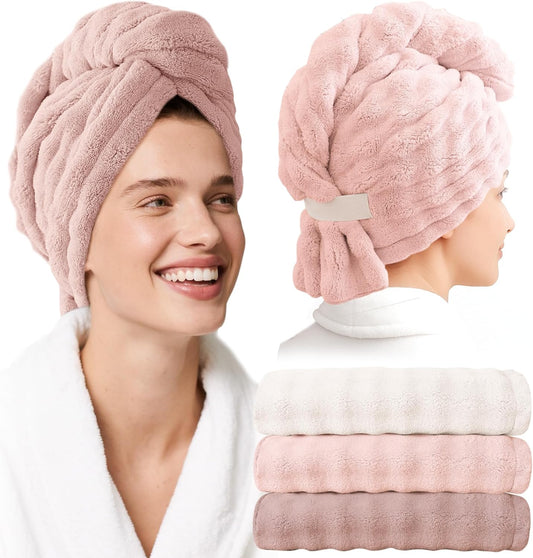 Microfiber Hair Towel Wrap for Women - 3 Pack Super Absorbent Quick Dry Hair Turban for Curly/Straight/Long/Short Hair (32"x11")