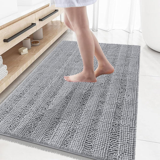 Grandaily Chenille Striped Bathroom Rugs 59x35, Extra Thick and Absorbent Bath Mats, Non-Slip Soft Plush Shaggy Shower Carpet, Machine Wash Dry, Bath Rug for Bathroom, Light Grey