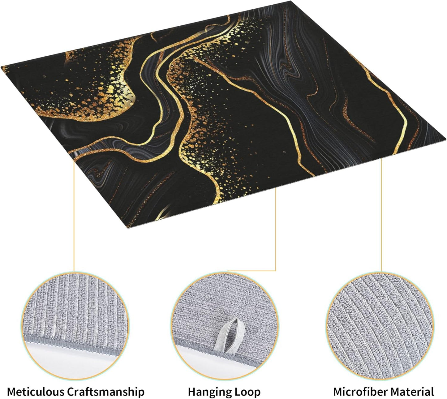 Black Gold Marble Texture Dish Drying Mat for Kitchen Counter Black Modern Decorative Dish Drainer Rack Mats 16x18 Inch Absorbent Reversible Drying Pad