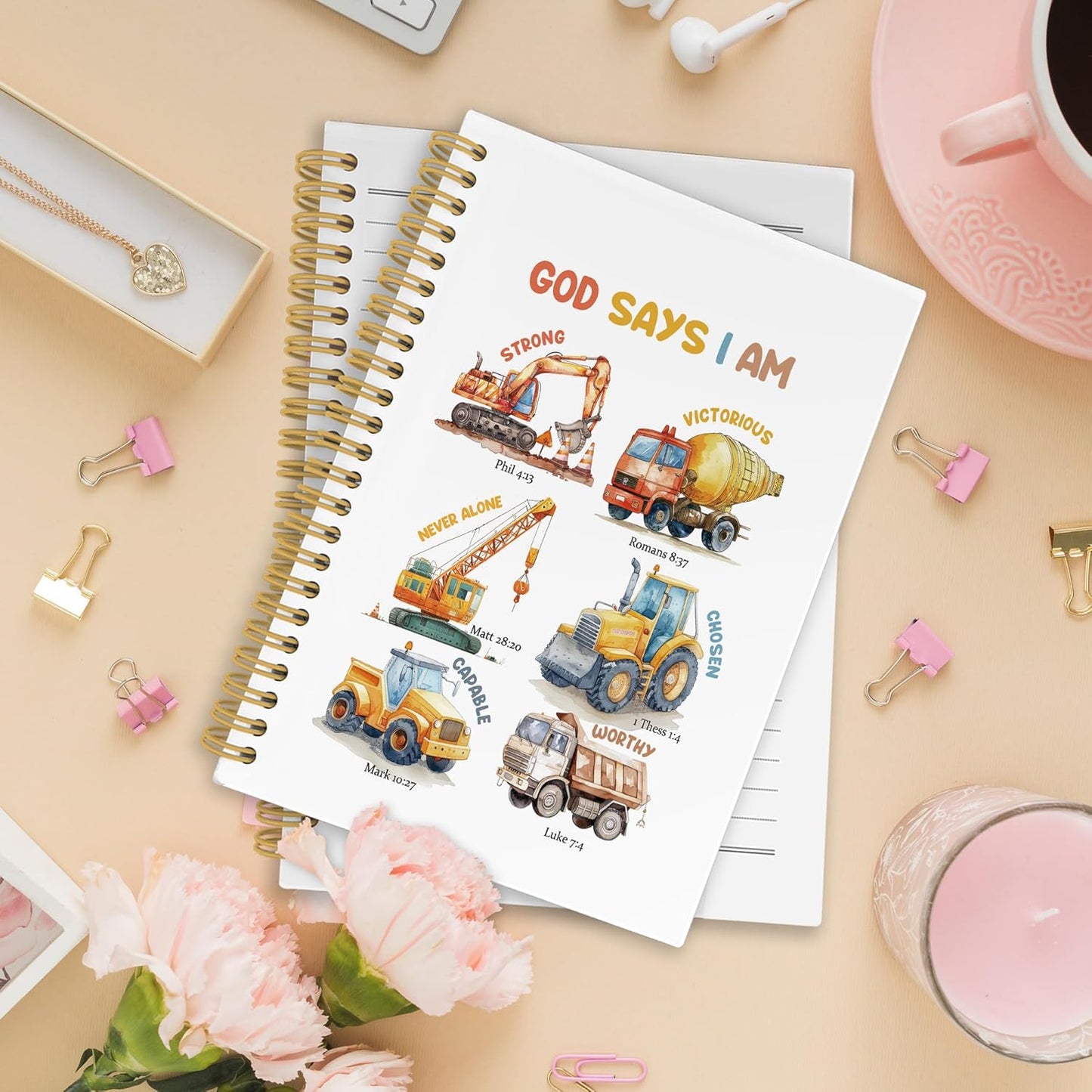 XPH Christian Construction Spiral Notebook, God Says I Am Bible Journaling Notebooks for Note Taking, Religious Hardcover Journal for Writing 160 Pages 5.5 x 8.3 Inch, Christian Gifts for Women Men