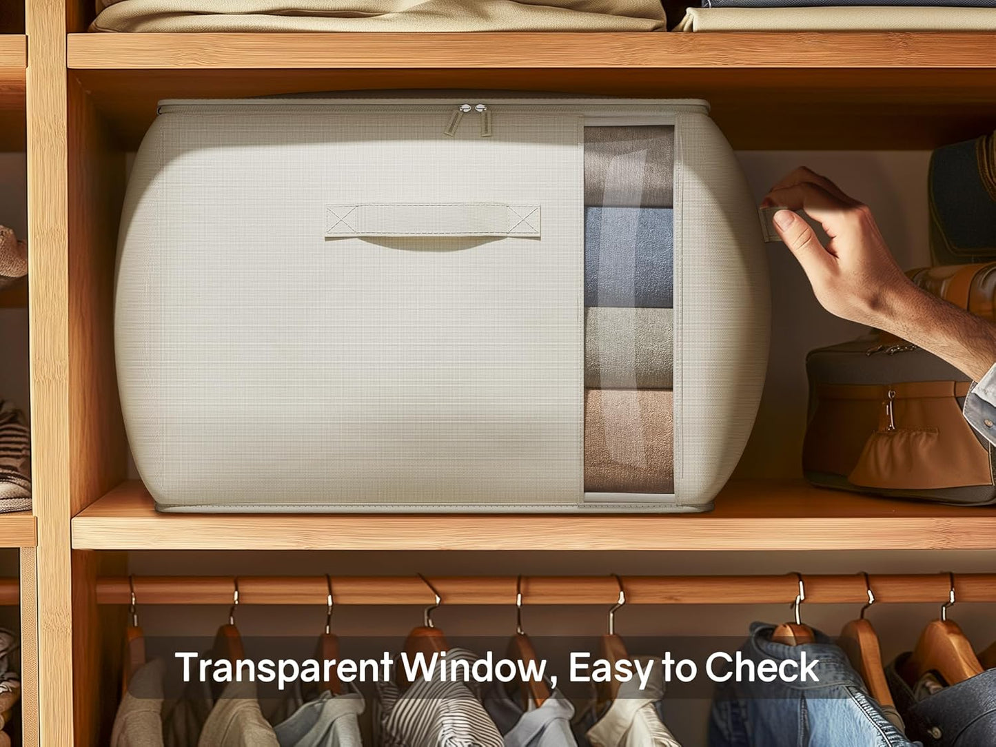 Large Canvas Clothes Storage Bags with Thick Handles and Clear Window, Foldable Cotton Linen Closet Organizer for Clothing, Blankets and Bedding, 70L, 3 Pack, Beige