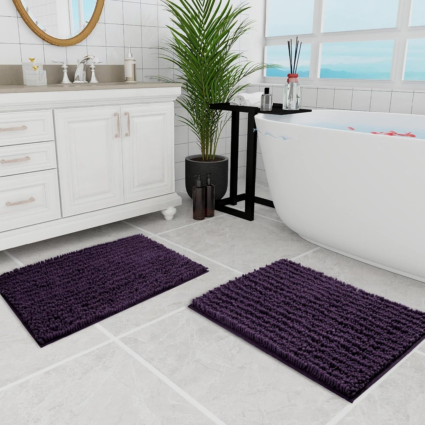 Walensee Bathroom Rug 2 Pieces Set Non Slip Bath Mat (20"x32" Plus 20"x32" Dark Purple) Water Absorbent Super Soft Shaggy Chenille Machine Washable Dry Extra Thick Perfect Carpet for Shower Floor