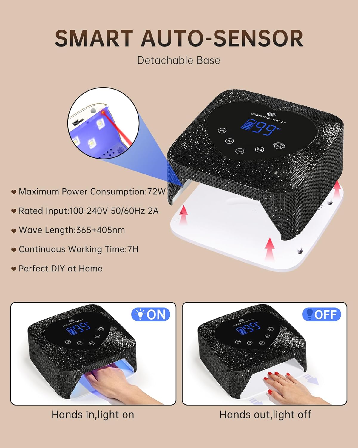 UV LED Nail Lamp 72W Rechargeable Sparkly Wireless Nail Dryer Gel Polish Light with 5 Timer Setting Professional Quick Dry Curing Lamp with Display Auto Sensor for Salon & Home, Black